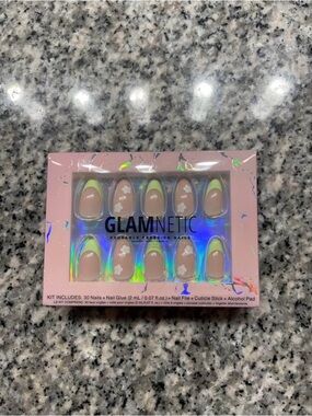 Glamnetic Nude Press-On Nails with Green Tips and White Floral Accents